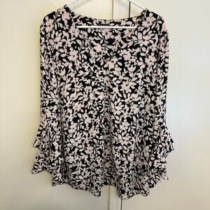 Vince Camuto Floral Blouse XXL | Black White 3/4 Sleeve Flowy Top